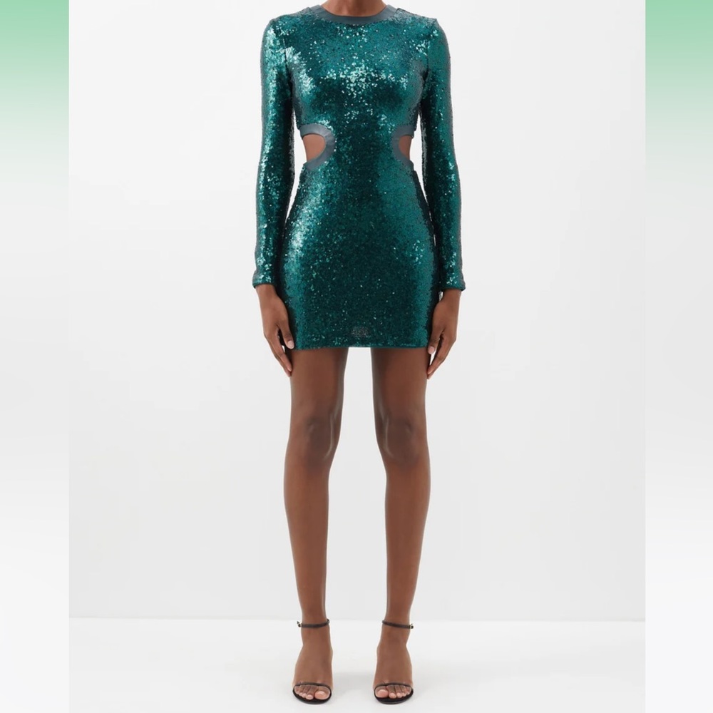 STAUD green Dolce side cut out sequin tulle mini dress size L NWT